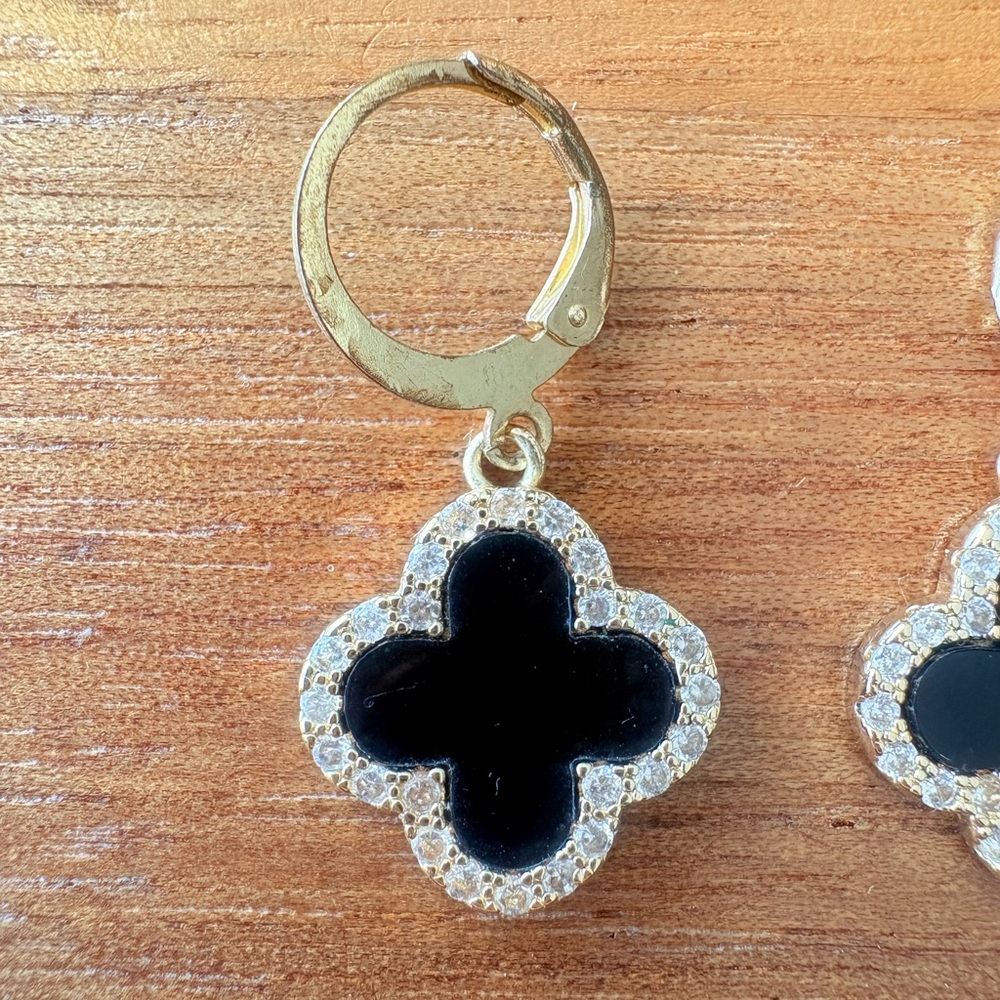 Liv Oliver 18K Gold Plated Onyx CZ Clover Earrings - Picture 2 of 4